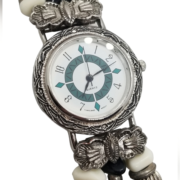 NATIVE AMERICAN STYLE SILVERTONED, GEMSTONE & ABALONE SHELL BAND LADIES WATCH - Picture 5 of 8